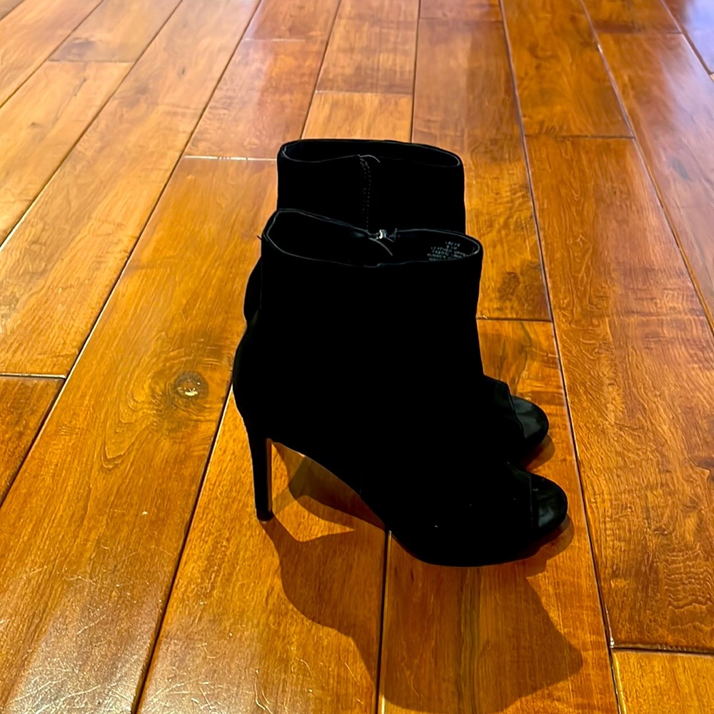 ALDO PEEP TOE BLACK SUEDE BOOTS